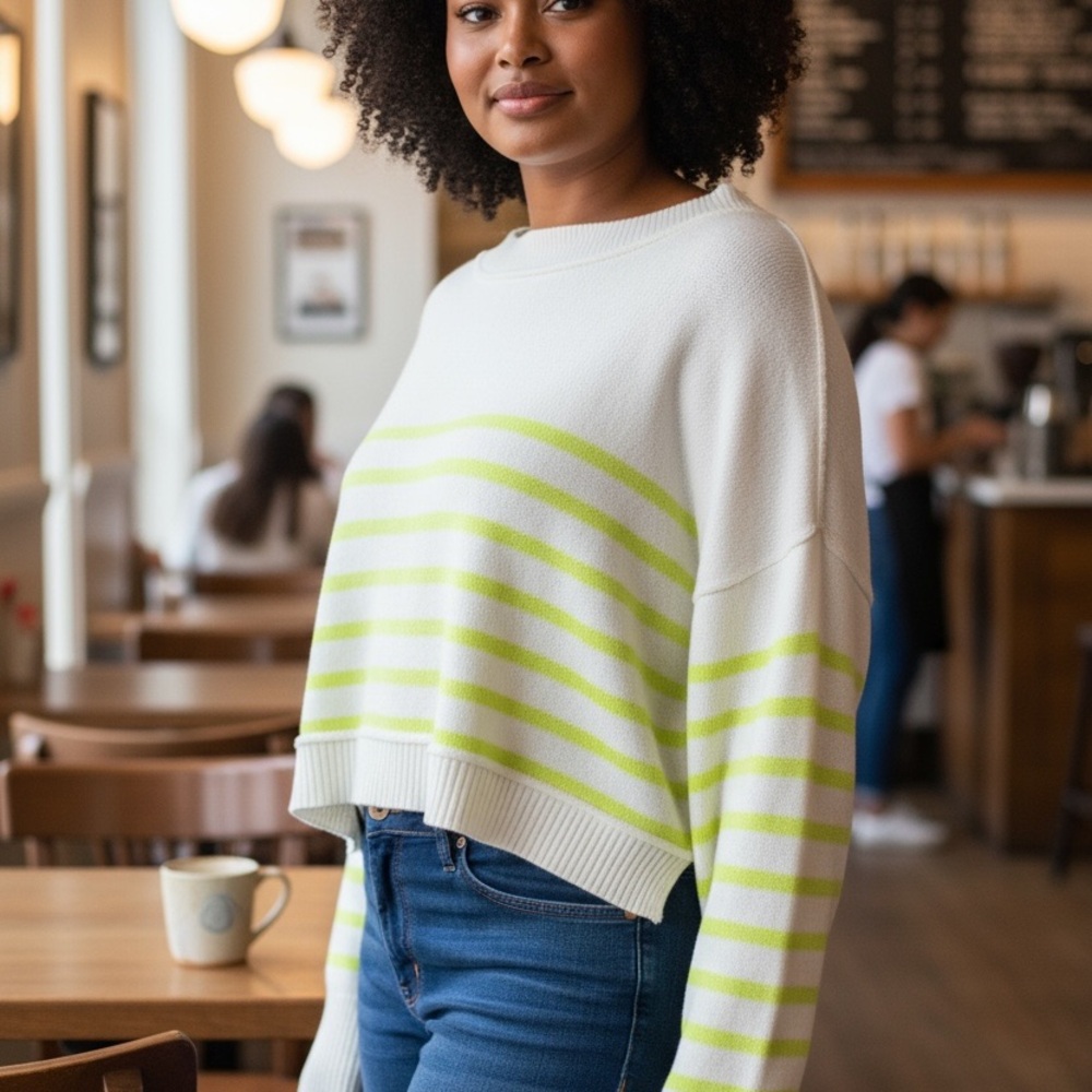 SO Women’s 2XL Slouchy Cropped Sweater – White & Lime Green Stripe – NWT